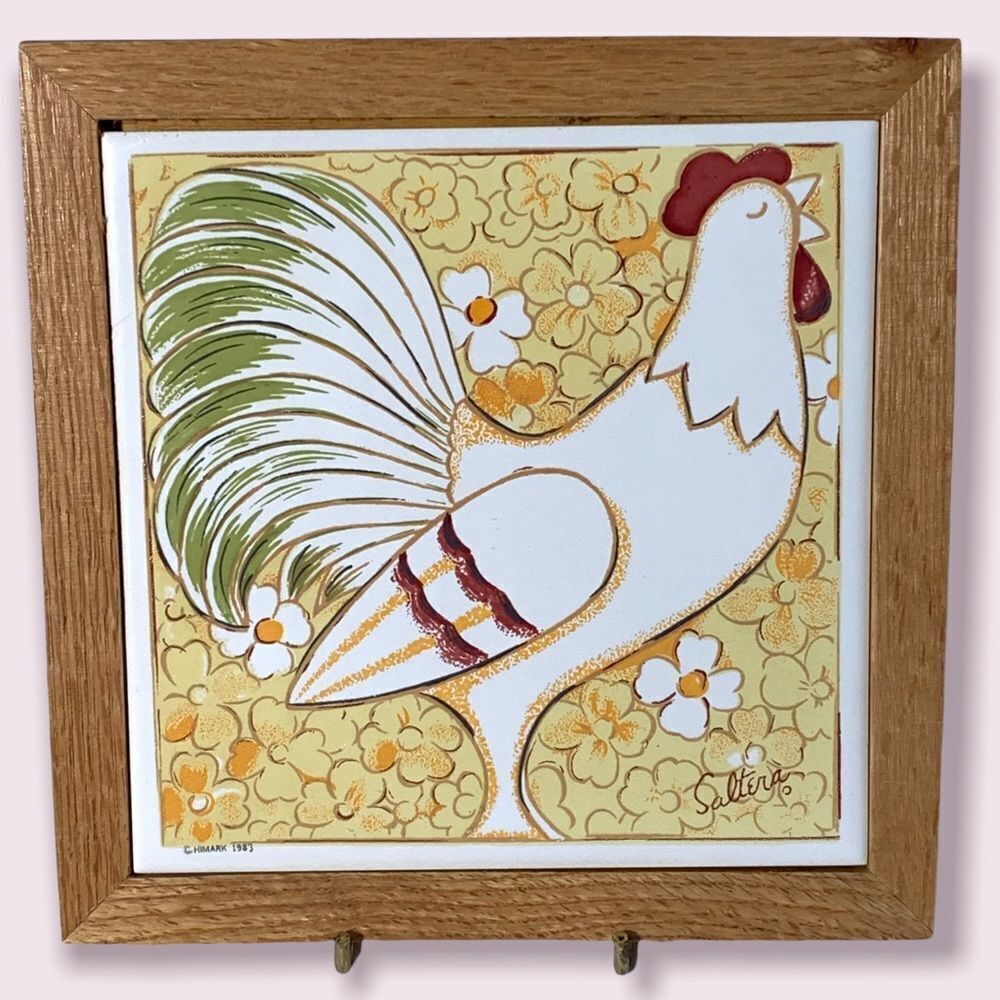 NEW SET OF 2 VINTAGE! HIMARK OAK AND CERAMIC TRIVETS SHEEP AND CHICKEN in Box